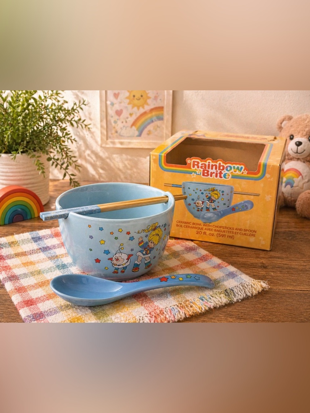 Rainbow Brite Blue Ceramic Bowl Set with Chopsticks & Spoon